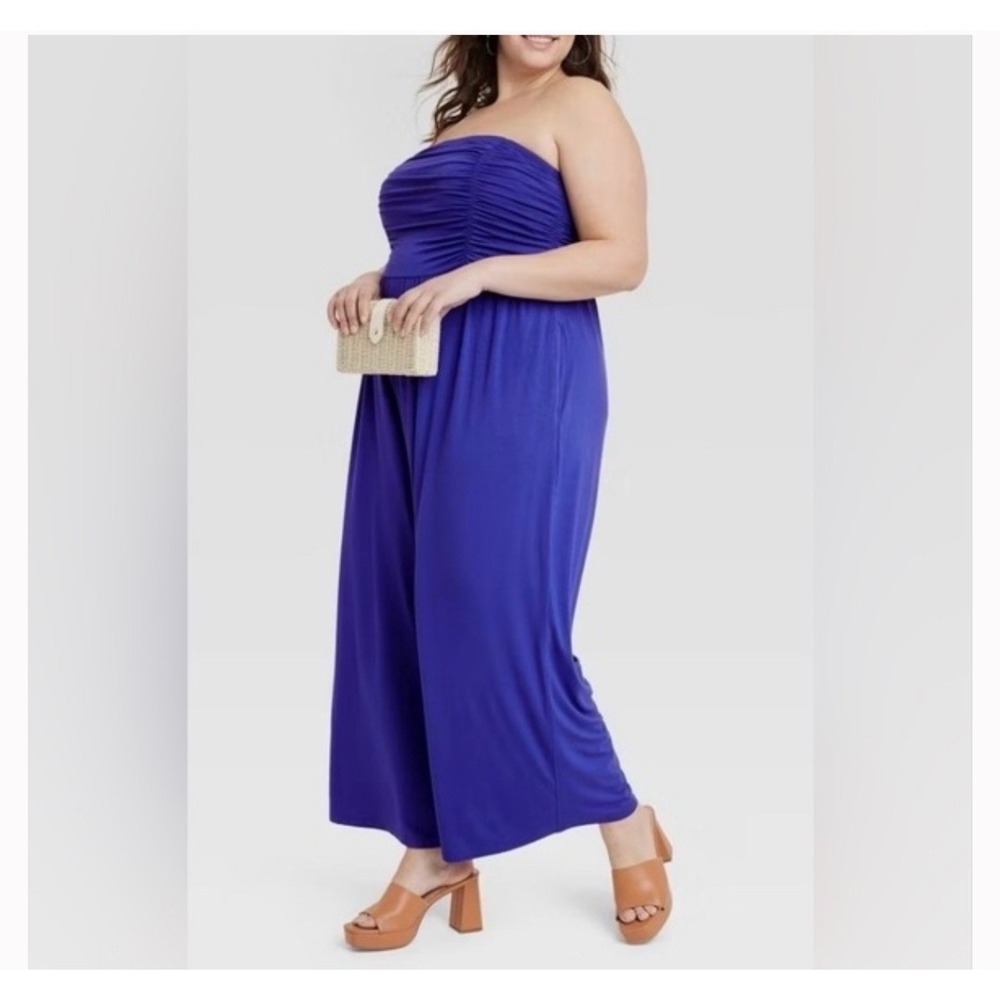 Ava & Viv Royal Blue Ruched Wide Leg Jumpsuit‎ Strapless Convertible Plus Size